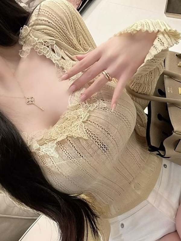Elastic Lace Trim - Set Cardigan Rajut dengan Tali, Model